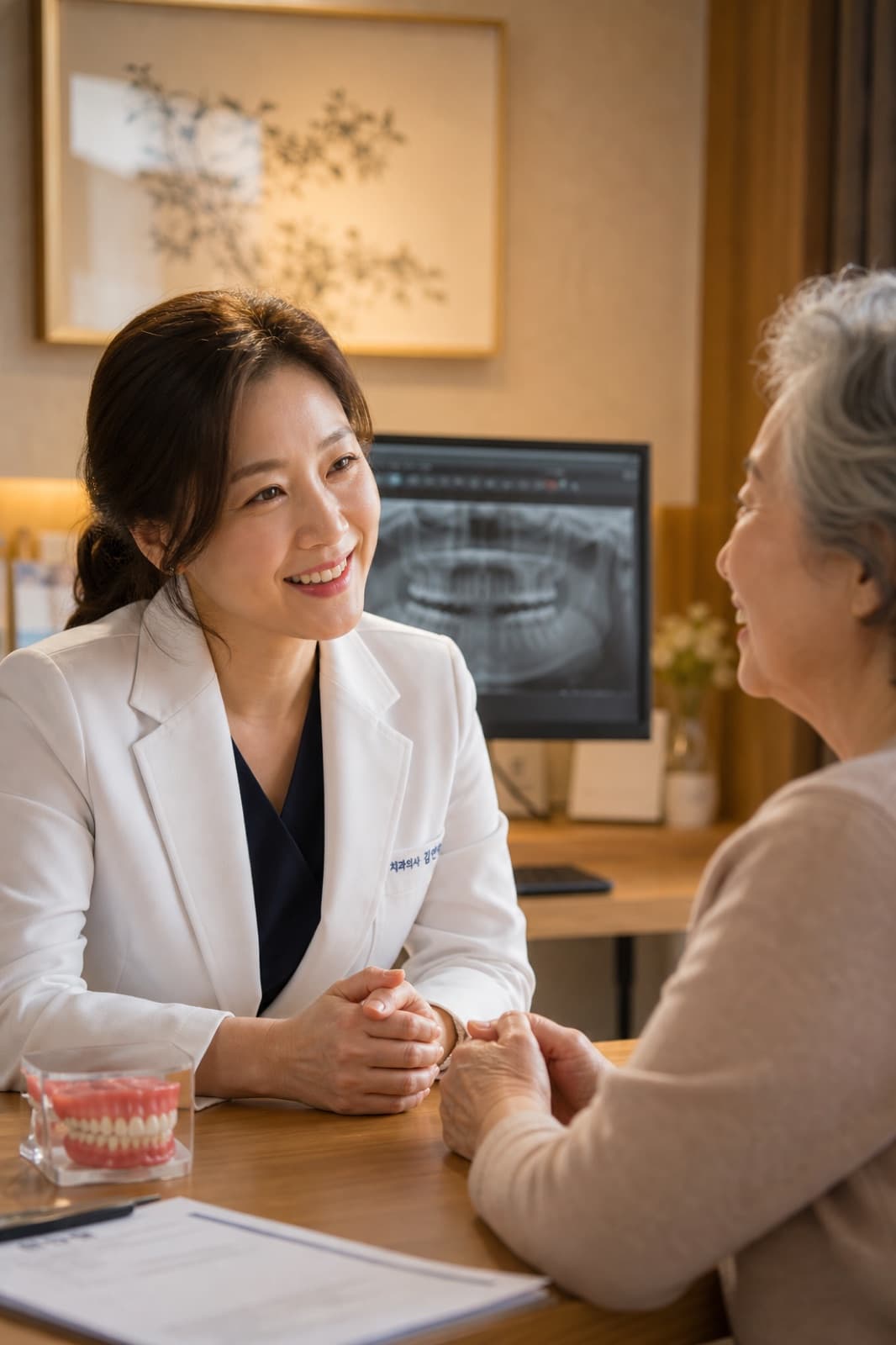 환자와 마주 앉아 따뜻하게 상담하는 치과 의사